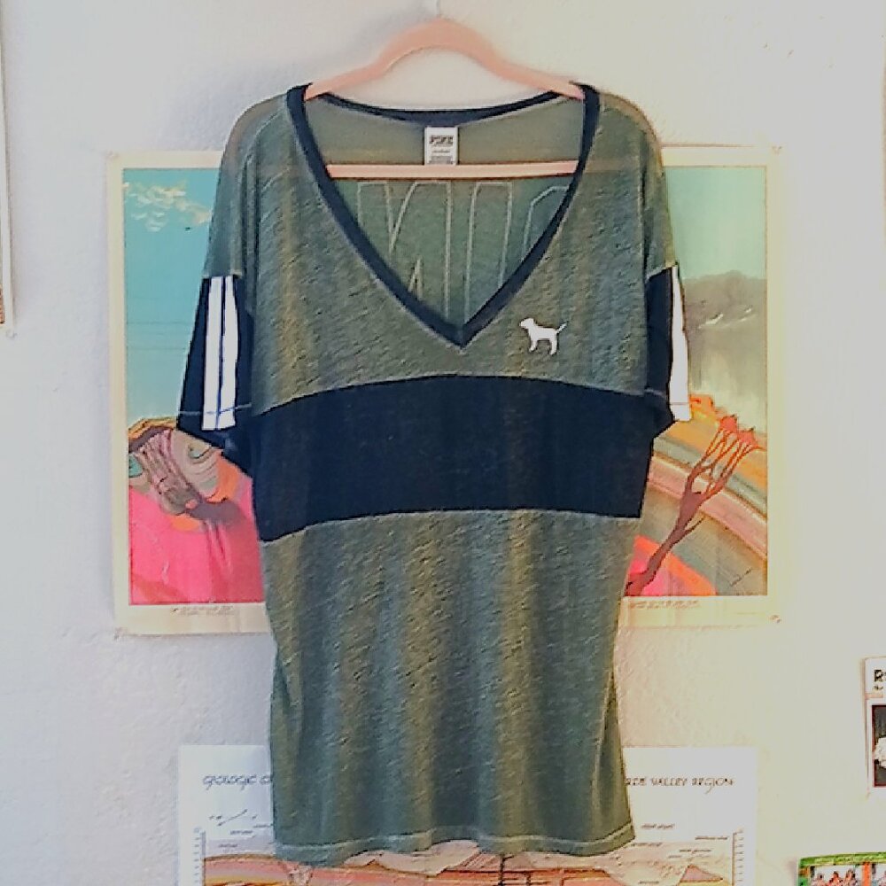 PINK Victoria's Secret Sheer Green V Neck Logo Large Jersey Tee